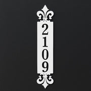 White vertical steel house number sign 2109 with fleur-de-lis design – elegant custom laser-cut metal address plaque, durable and weatherproof home signage by Art on Steel, South Africa.
