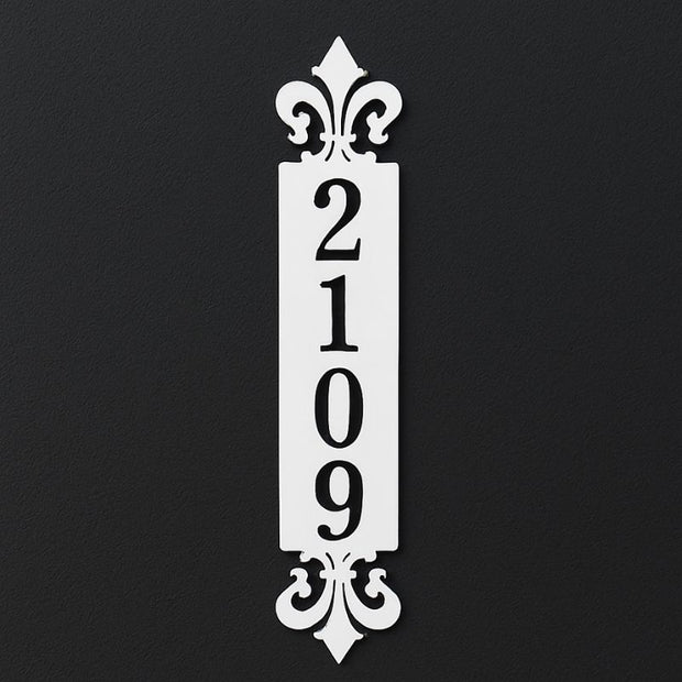 White vertical steel house number sign 2109 with fleur-de-lis design – elegant custom laser-cut metal address plaque, durable and weatherproof home signage by Art on Steel, South Africa.