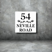 White steel house number sign with bold number 54 Neville Road and decorative leaf design – modern custom laser-cut address plaque, durable weatherproof metal signage by Art on Steel, South Africa