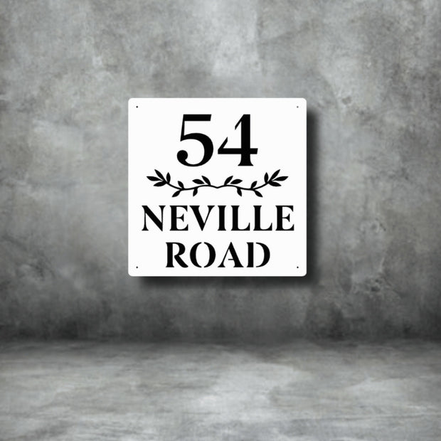 White steel house number sign with bold number 54 Neville Road and decorative leaf design – modern custom laser-cut address plaque, durable weatherproof metal signage by Art on Steel, South Africa