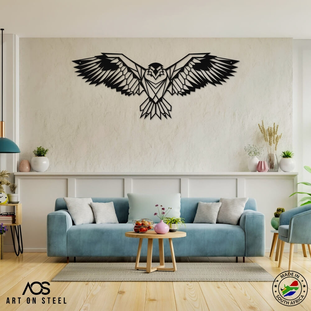 Geometric eagle metal wall art with wings spread wide – black steel bird design for modern living room décor, handcrafted laser-cut artwork by Art on Steel, proudly made in South Africa.
