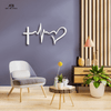 White Faith Hope Love metal wall art – cross, heartbeat, and heart design on modern living room wall, inspirational Christian décor, handcrafted steel artwork by Art on Steel, South Africa.